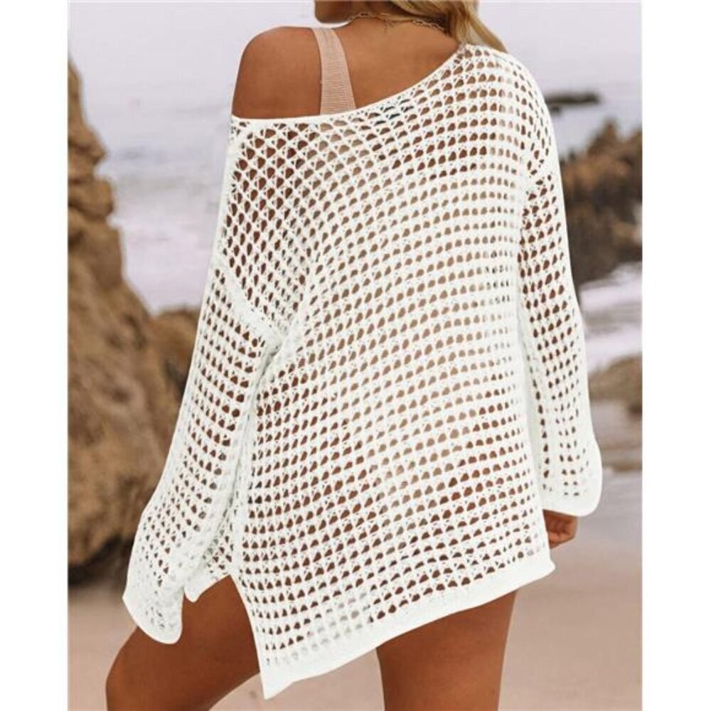 Women's Summer Hollow Out Mesh Beach Bikini Cover Up Tunic Top - Picture 3 of 7